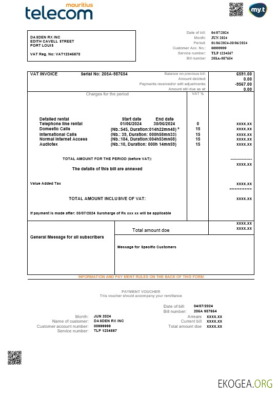 Mauritius Telecom Mauritius business utility bill template in Word 1 template