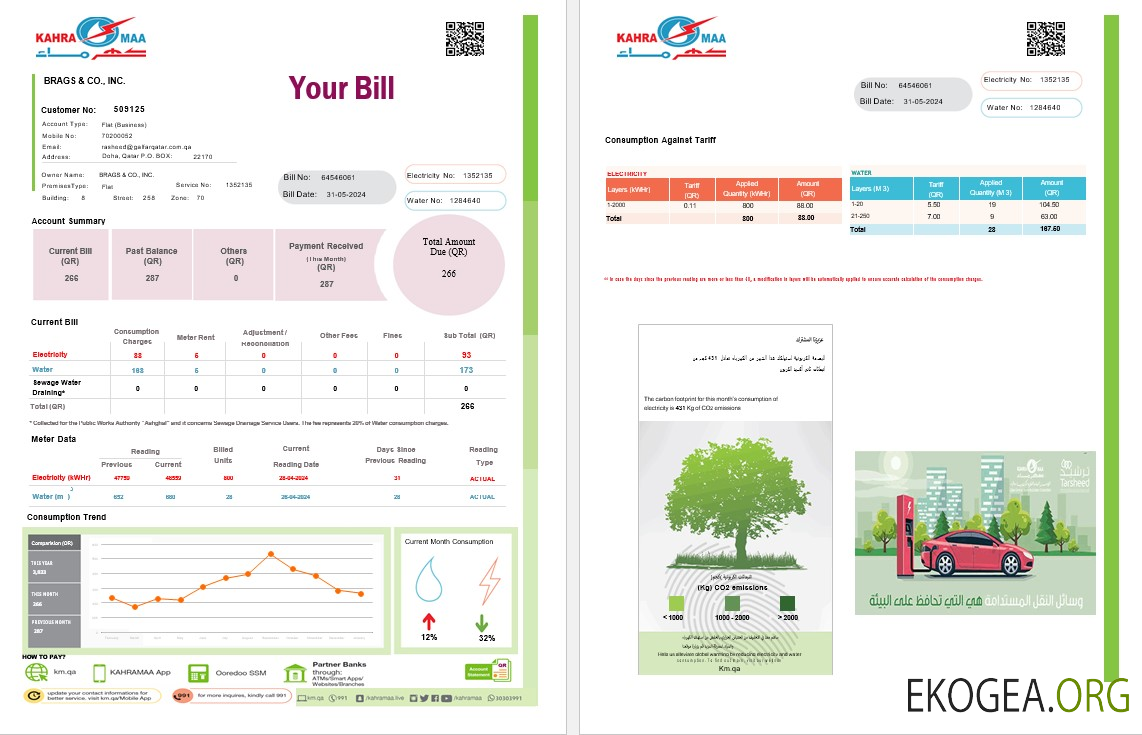 Qatar Kahra Maa business utility bill Word and PDF template, 2 pages 1 template